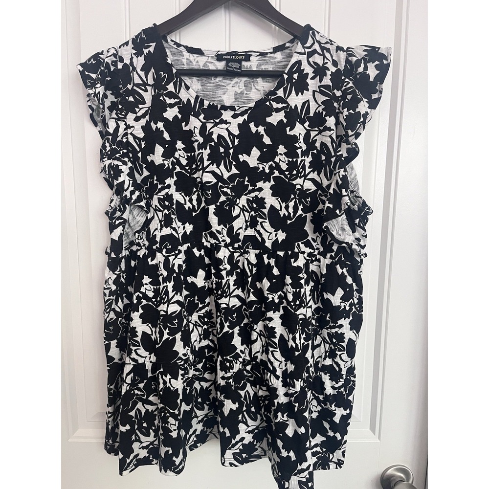 Robert Louis Black White Boho Flowy Peasant Top Blouse Tunic Large Tiered 078